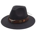 Chapeau fedora en feutre gris foncé à large bord avec décor de bande en cuir de taureau - Gris clair