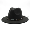 Detail of black wool fedora with woven band featuring gold beads and turquoise stones - M (56-58cm) / Black