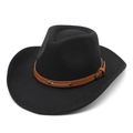 Close-up of black felt western cowboy hat with brown faux leather belt and metal rivets - M (56-58cm) / Black