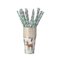 Christmas themed paper cups and straws set with gold foil reindeer and holly patterns - Christmas Tree Paper Straws