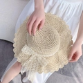 Beige crochet straw hat with white lace bow decoration and hollow out design for women - M / Hexagram-Beige