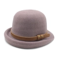 Detailed close-up of purple knitted bowler hat with brown leather strap and gold rivets - M(56-58cm) / Light Purple