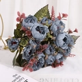 Artificial grey-blue peonies bouquet with realistic green leaves for home decor - Blue