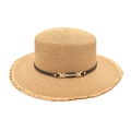 Sombrero de paja de verano con parte superior plana y hebilla dorada elegante - M(56-58cm) / Caqui