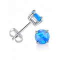 Detail of 6mm blue opal stud earrings with gold-plated four-claw setting on white background - Blue Opal (E-0233-5)