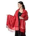 Close-up of red luxury shawl with intricate paisley jacquard pattern and fringe details - Red Paisley (T003-11)