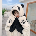 Conjunto de invierno panda 3 en 1 para mujer con capucha, bufanda y guantes suave - Panda Blanco y Negro