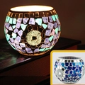 Spherical blue and purple mosaic glass candle holder with warm lit and unlit views - Blue Ocean