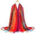 Ethnic style colorful peacock feather pattern jacquard scarf with decorative tassels - Red
