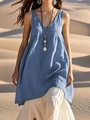 Detalle de vestido azul sin mangas de algodón y lino con falda plisada blanca debajo - S / Top Y Pantalón / Azul cielo