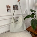 Large cream canvas crossbody bag with drawstring closure and adjustable strap - Light Gray