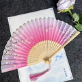 Pink and purple gradient bamboo folding fan with butterfly and cherry blossom patterns - Pink Lady