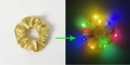 Yellow LED glowing silk scrunchie shown in light and dark mode for night styling - Lighted-Wheat Yellow
