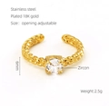 Adjustable 18K gold plated stainless steel ring with twisted rope design and round zircon - Twisted Rope Round Zirconia Ring (697)