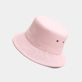 Detail view of pink cotton bucket hat showing S logo embroidery and metal eyelets - Pink