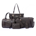 Brown monogram 6-piece handbag set including tote and crossbody bags in retro style - Brown