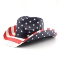Close-up of USA flag straw cowboy hat featuring blue stars and red white stripes - M (56-58cm) / Blue Base White Star Red White Striped Metal Rivet Decor Style (08)