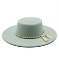 Elegant mint green wool boater hat with pearl gold chain and stylish side tassels - M(56-58cm) / Mint Green
