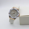 Octagonal rose gold women's watch with floral textured dial and white leather strap - White