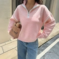 Jersey de punto rosa con media cremallera y rayas blancas en las mangas para mujer - S / Rosa