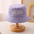 Detailed view of lavender bucket hat with embroidered letters and smiling face design - 54cm (3-8 Years) / Light Purple