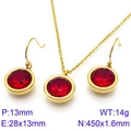 Golden stainless steel jewelry set featuring circular red zircon necklace and earrings - 2-Piece Set (Necklace+Earrings) / Gold Red
