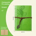 A7 green vintage PU leather journal with leaf pendant and 75 sheets of kraft paper - Green / A7