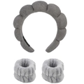 Three-piece gray spa set with sponge padded headband and plush absorbent wristbands - Three-Piece Set / Gray