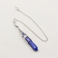Lapis lazuli hexagonal pendulum necklace with hollow silver flower cap and long chain - Lapis Lazuli