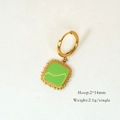 Detail view of golden hoop earring with green square pendant and wave pattern edge - Enamel Square