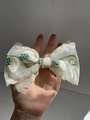 Beige lace bow hair clip with green floral embroidery and mesh texture for women - Small - Green Lily