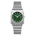 Reloj de cuarzo cuadrado minimalista con esfera verde oscuro y correa de acero plata - Caja Plateada Esfera Negra
