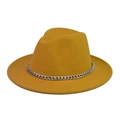 Detail of silver chain embellishment on a yellow wool fedora with a wide brim - Yellow Hat Silver Chain