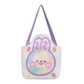 White canvas tote bag with purple straps and cute cartoon rabbit print and snap button - Round Head Rabbit / Purple Strap
