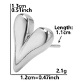 Detailed size measurement view of heart-shaped stainless steel stud earring with dimensions - Elongated Mirror Heart / Silver