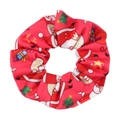 Detail of red Christmas scrunchie with festive Santa, tree, and gift box patterns - Watermelon red