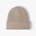 Thick beige cable knit winter beanie with ribbed cuff for men in a minimalist style - One Size / Beige