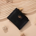 Minimalist black short folding wallet with gold hardware and side zipper pocket - Black