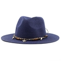 Close-up of navy straw sun hat with seashell, starfish charm and wooden bead accents - Navy Blue