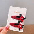 Red glitter Christmas stocking hair clips with green bows for girls, set of 2 - Boots / 2 Pcs/Set