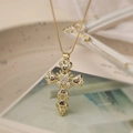 Gold cross necklace with purple heart gemstone and white zircon on a gold box chain - Gold with Multi-color Zircon