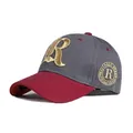 Retro baseball cap in grey and wine red with embroidered golden letter R and badge - Adjustable / Grey & Burgundy