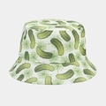 Close-up of white bucket hat with green pickle and dill flower all-over print - M (56-58cm) / Cucumber Style