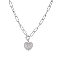 Silver paperclip chain necklace featuring a 3D heart pendant with pavé zircon stones - Necklace-50cm / White Gold