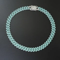 Detail shot of iced out silver Cuban link chain with turquoise rhinestones and square clasp - Bracelet-7inch(18cm) / Silver (Blue Diamond)