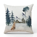 Housse de coussin de Noël en lin avec motif aquarelle renard pour décoration de canapé - Renard et Cabane sous la Neige