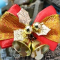Christmas bow decoration with red gold fabric and metallic bells for pet gift boxes - Style 26-Red Gold Woven Bow Gold Leaf Double Bell