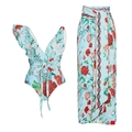 Blue floral one-piece swimsuit with ruffle shoulder and matching wrap skirt - S / Ruffle One-Piece Suit Set
