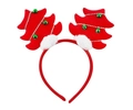 Detail of red Christmas tree headband with green bells and white plush balls on white background - Red Christmas Tree