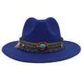 Detail of royal blue fedora hat featuring ethnic beaded band and gemstone decoration - M(56-58cm) / Blue (Ethnic Decorative Band)